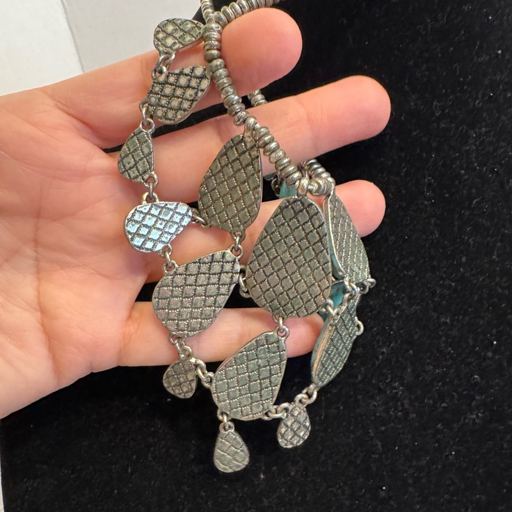 Lucky Brand Signed Faux Turquoise Stone Silver Tone Jewelry Chunky Boho Necklace - Picture 6 of 16
